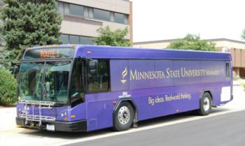 purple university bus with 'minnesota state university mankato'